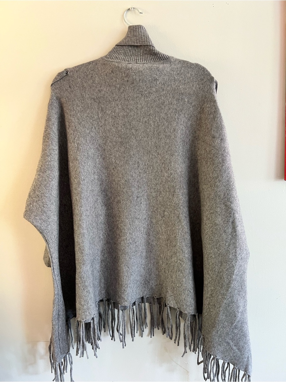 Love Token Gray Turtleneck Fringe Poncho with Side Ties - Picture 7 of 8